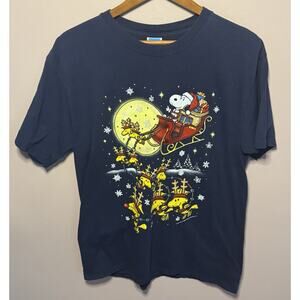 Vintage Snoopy Christmas T Shirt Mens Blue Sz L Gildan Woodstock Santa Peanuts